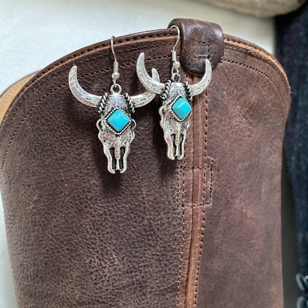 Boho western horn earrings w vintage spell gypsy cowboy/Navajo/Pendleton… - Picture 4 of 15
